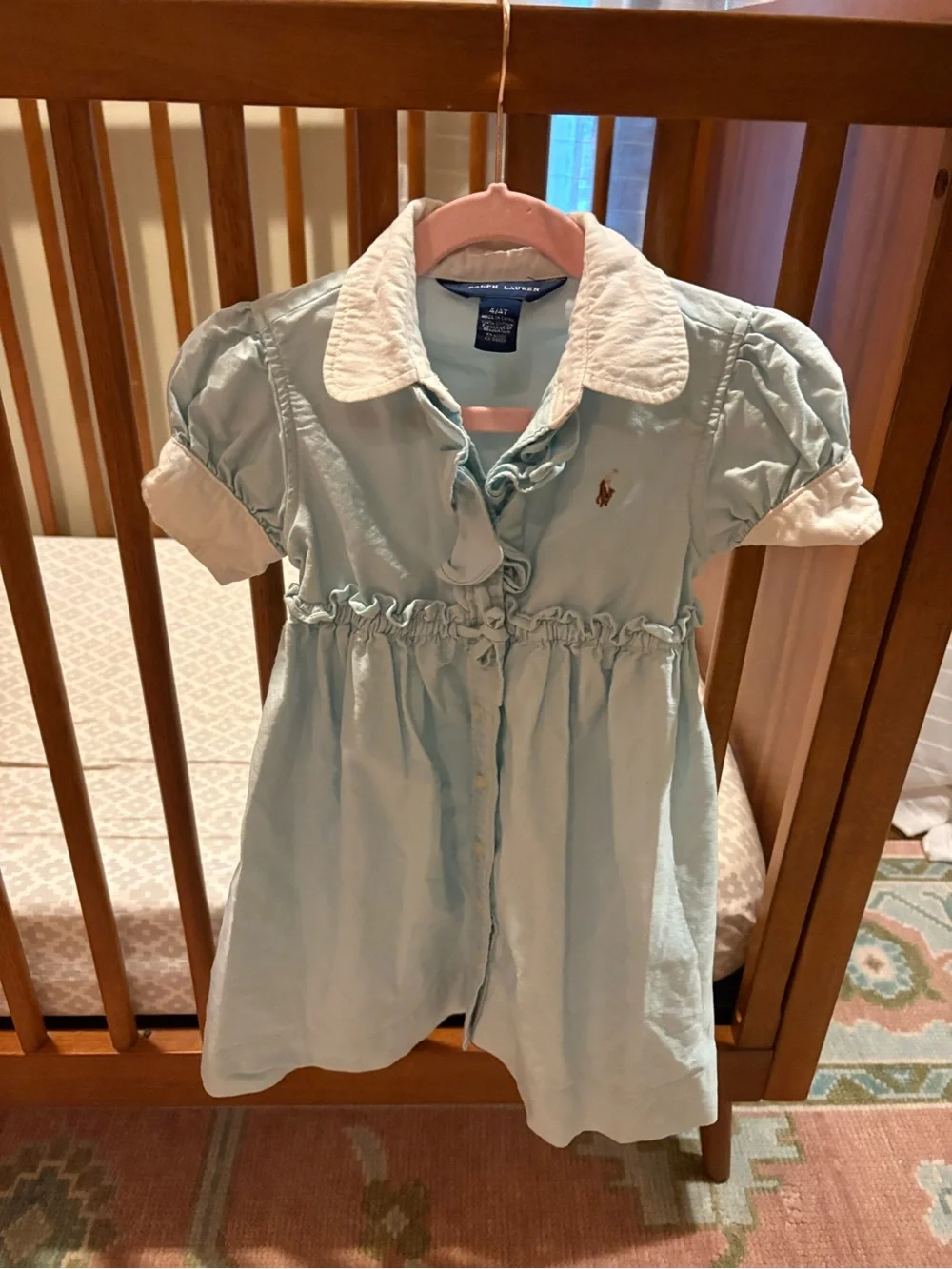 Ralph Lauren Pale Blue Button-Front Polo Dress with White Trim 4T
